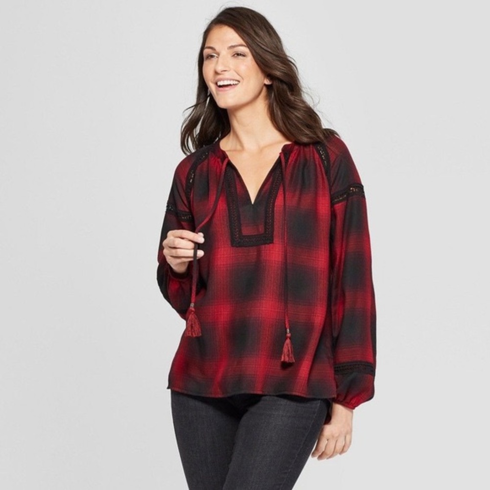 Knox Rose - long sleeve black and red plaid blouse - XL